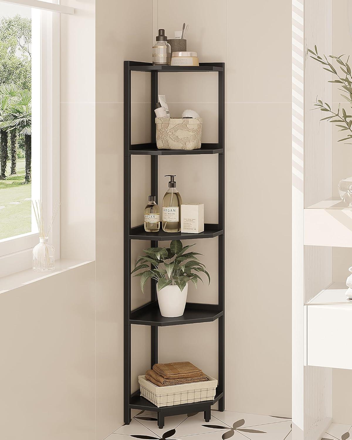 Corner Shelf Stand, Corner Bookshelf, Storage Standing Shelf Unit with Metal Frame, Plant Stand