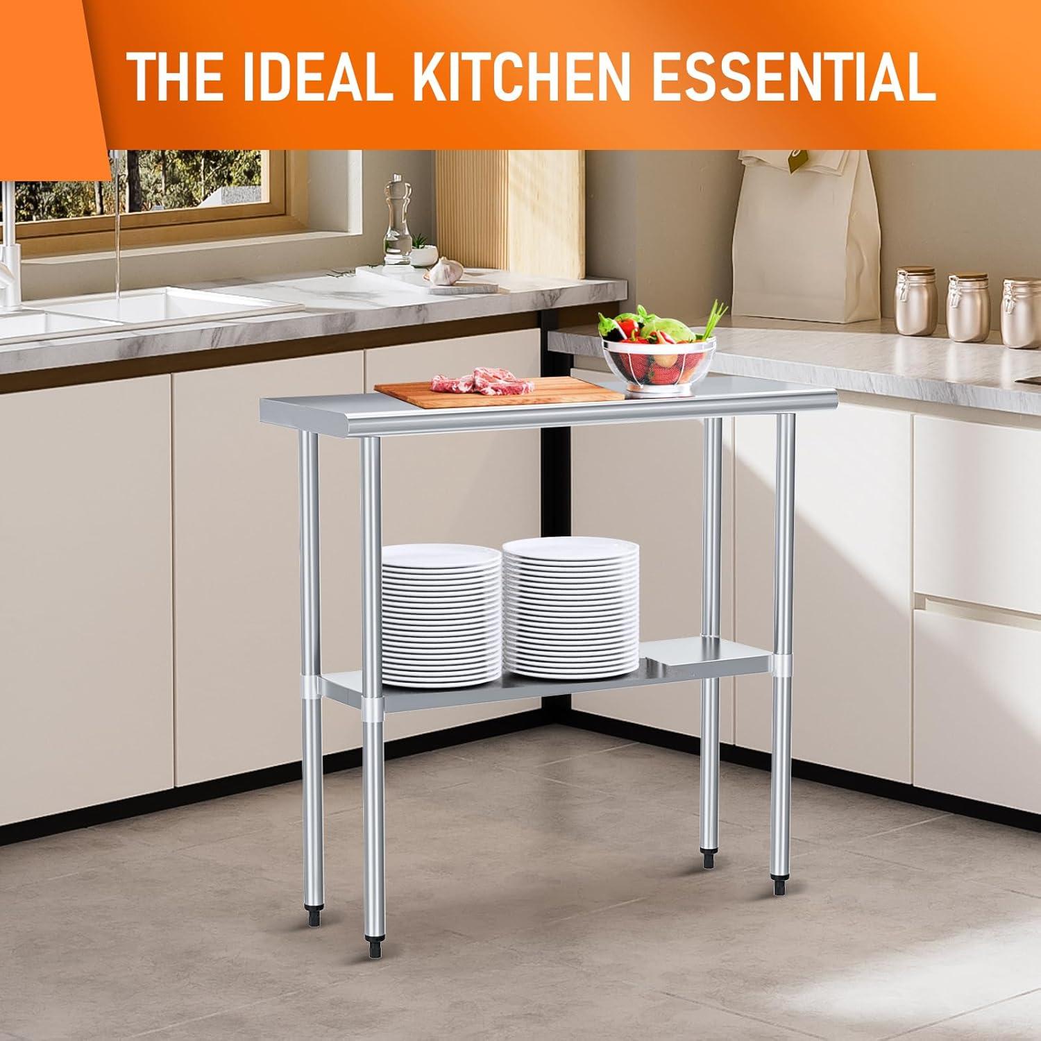 Stainless Steel Table for Food Prep & Work 30 x 48 inches Utility Table with Adjustable Undershelf, Commercial Workstation in Kitchen, Garage, Outdoor BBQ