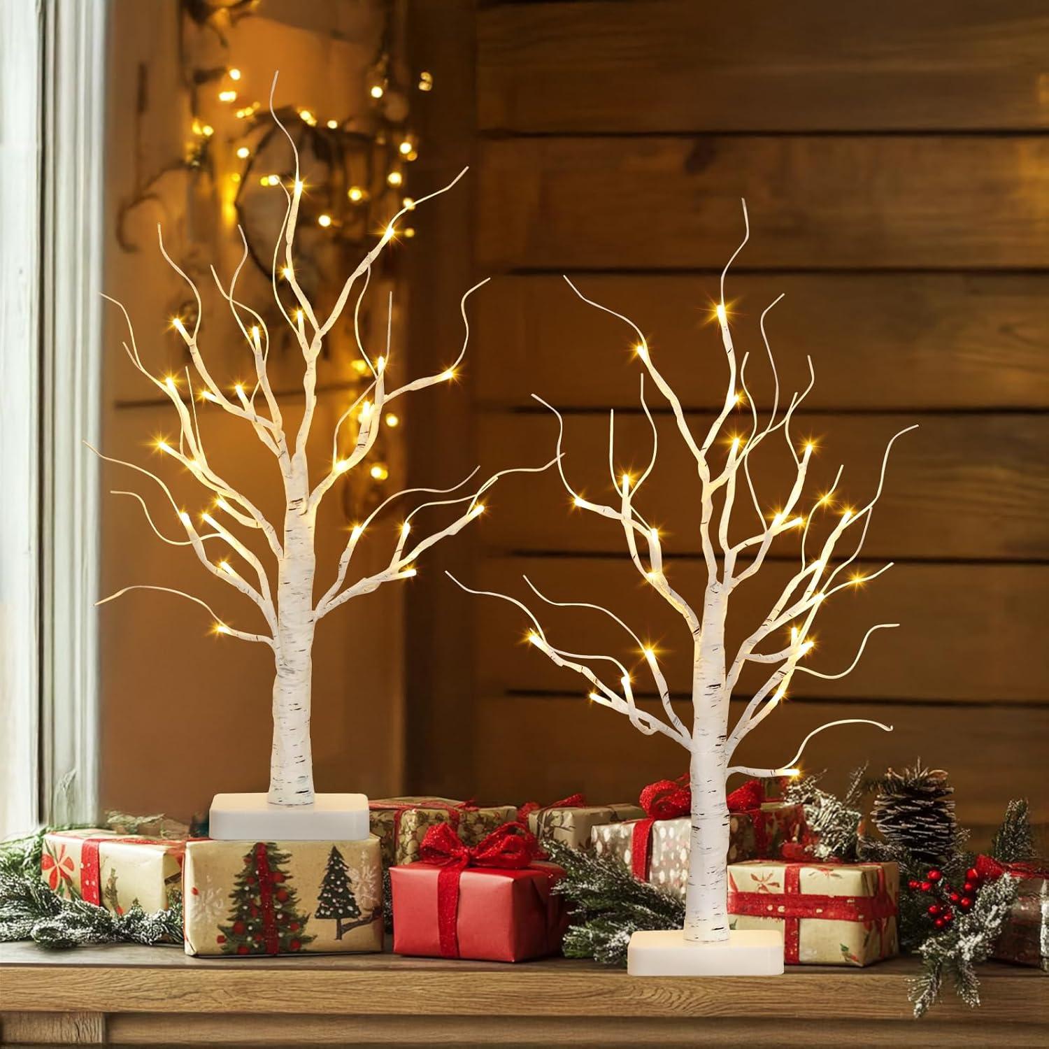 The Holiday Aisle® White Birch Tree With LED Lights - Set Of 2, LED Tabletop Tree With Timer, Christmas Decorations Lighted Tree For Indoor Mantel Home Decor (2 FT, 24 LED)
