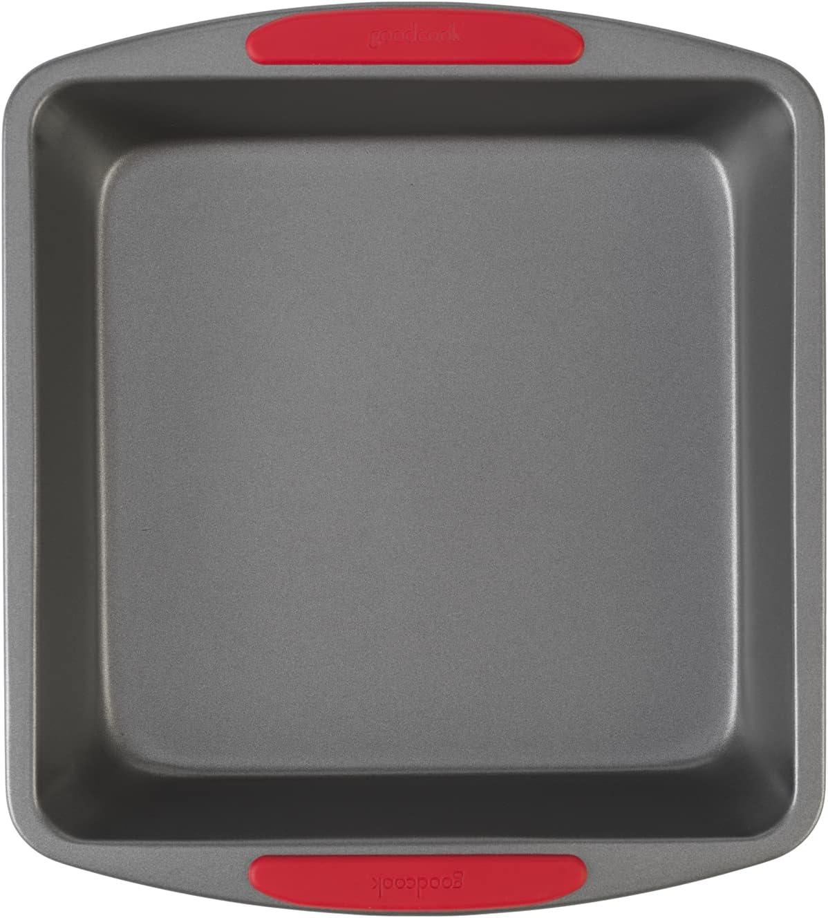 8" Gray Nonstick Square Cake Pan with Red Silicone Grips