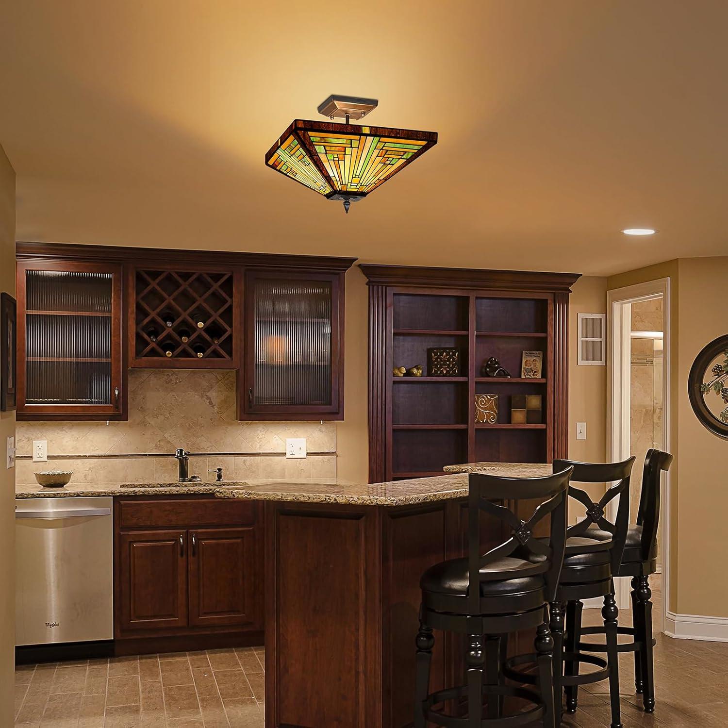 Chloe Lighting Innes Tiffany-Style 2 Light Mission Semi-Flush Ceiling Fixture 14" Shade