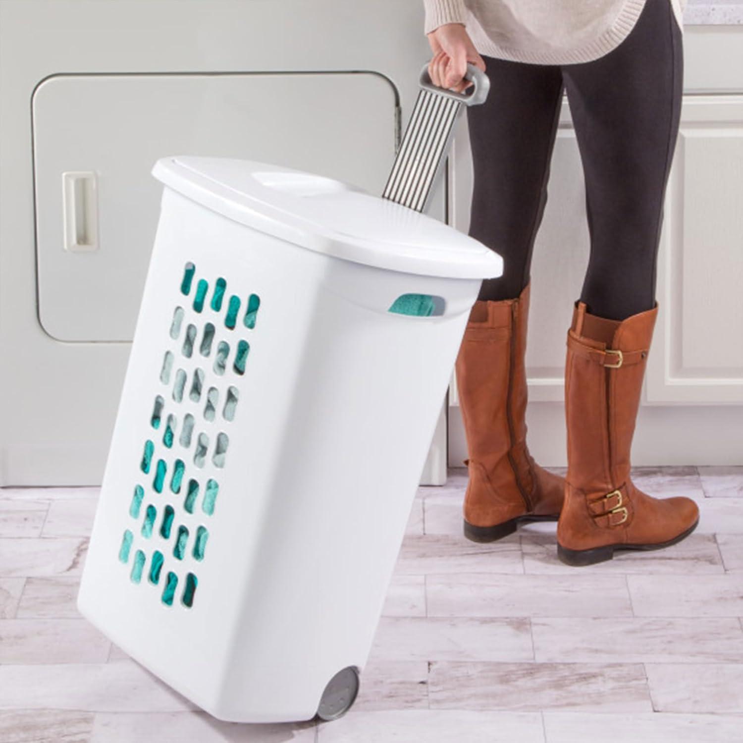 White Plastic Wheeled Laundry Hamper with Lid