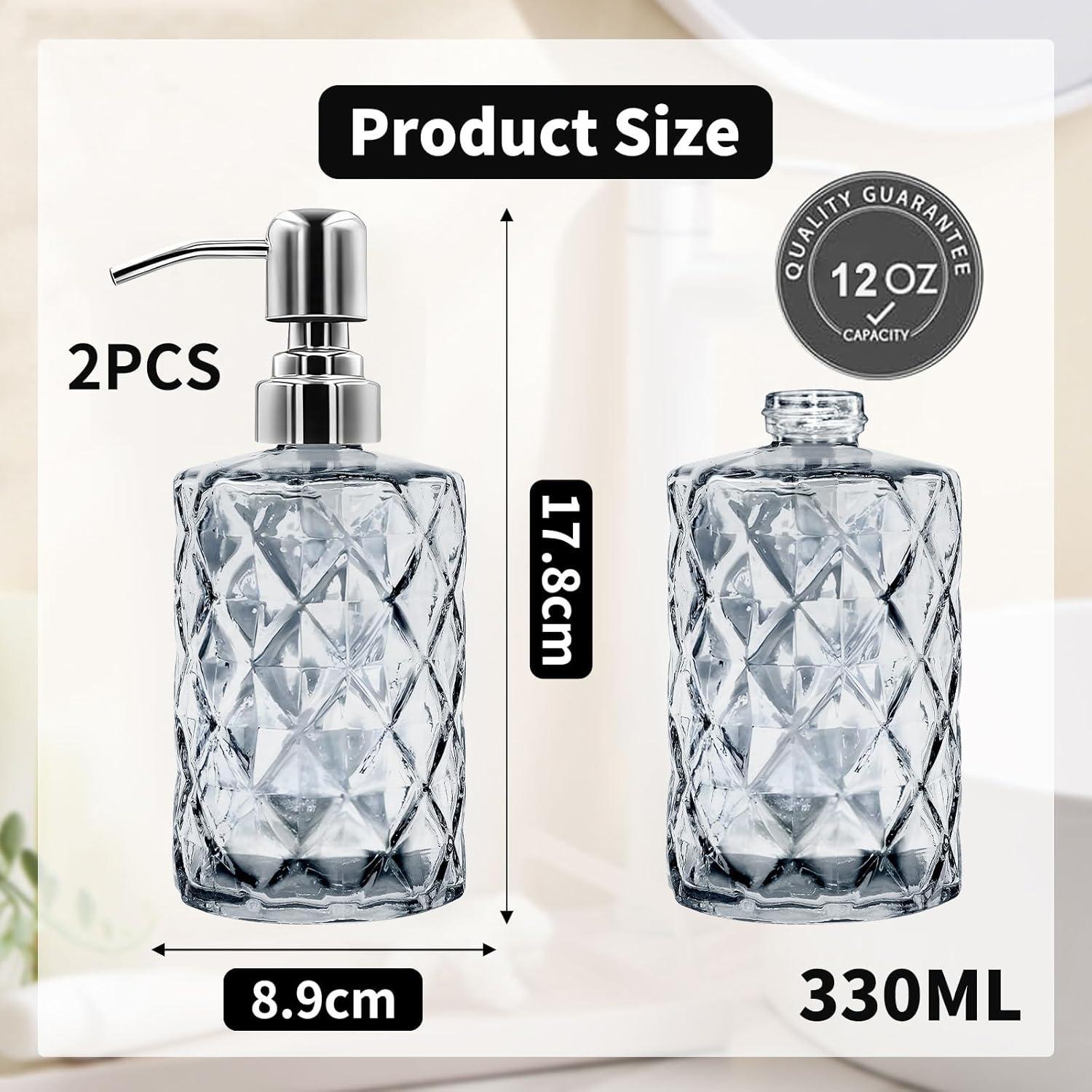 2 Pack Glass Soap Dispenser, 12 OZ Hand Soap Dispenser with Rustproof Pump