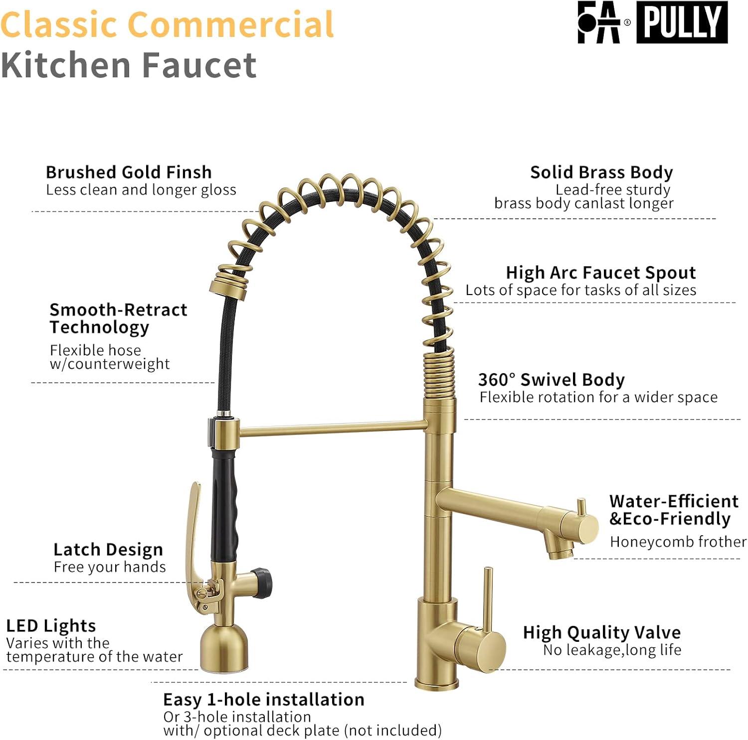 Fapully Single Handle High Arc Brushed Gold Pull Down Kitchen Faucet LED,Single Level Kitchen Sink Faucets with Pull Down Sprayer