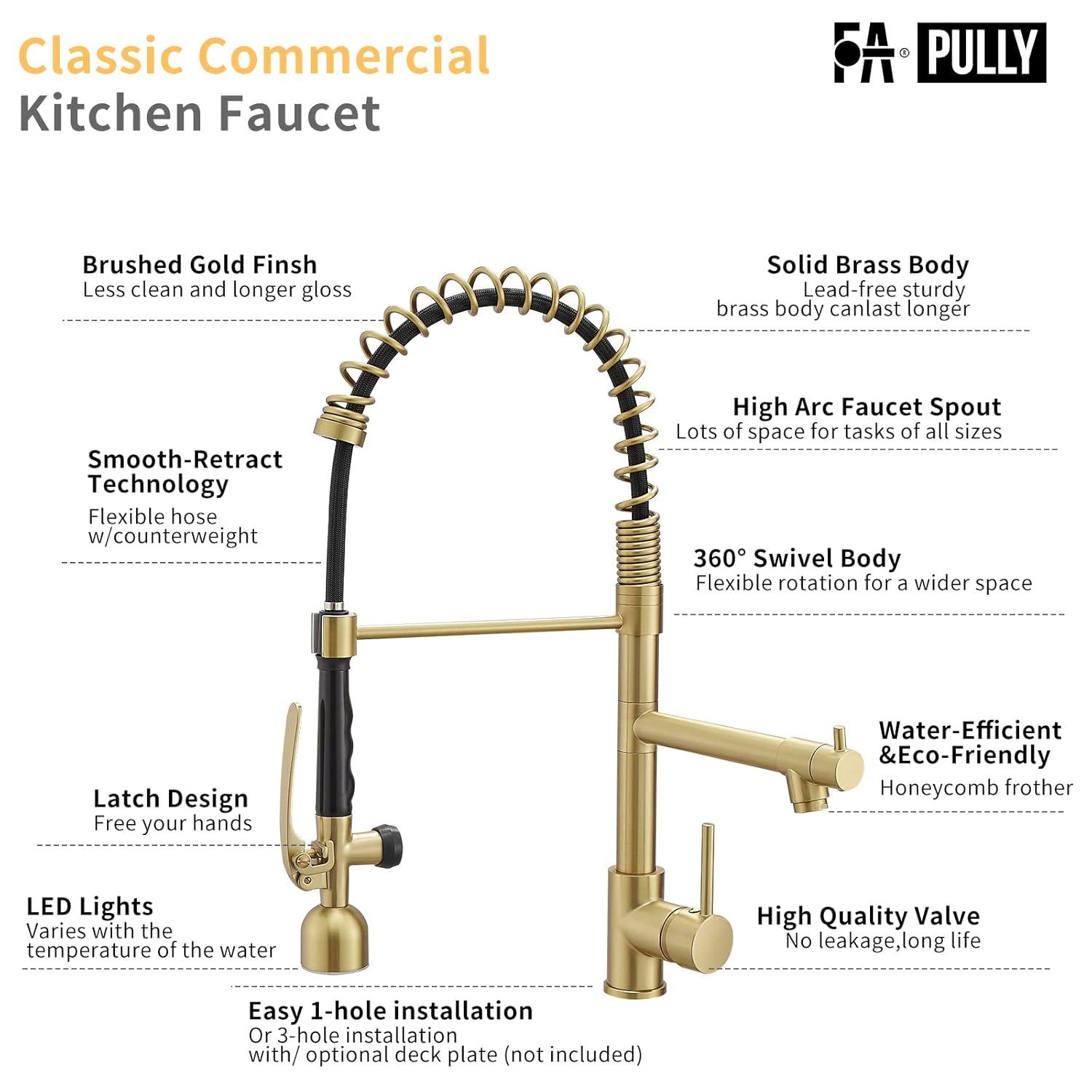 Fapully Single Handle High Arc Brushed Gold Pull Down Kitchen Faucet LED,Single Level Kitchen Sink Faucets with Pull Down Sprayer