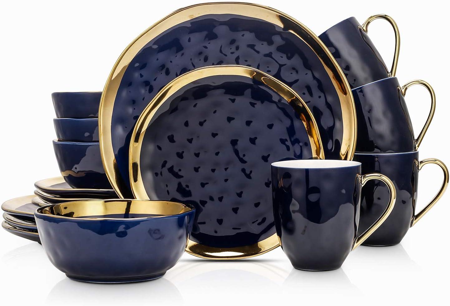 Navy Blue and Gold Porcelain 16-Piece Dinnerware Set