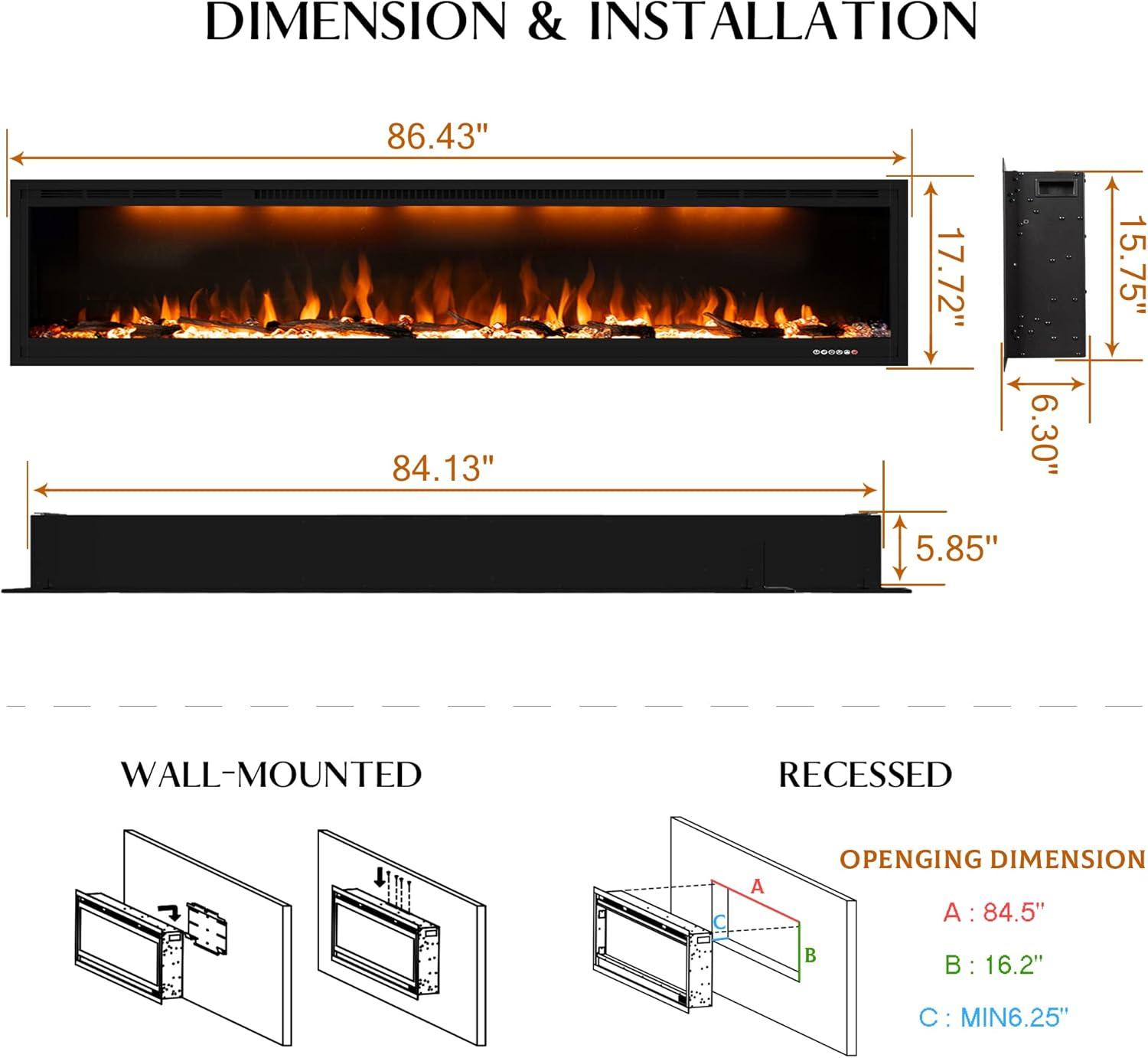 84 in. Electric Fireplace, Fireplace Insert/Wall Mounted with Thermostat, 1500-Watt to 750-Watt in Black