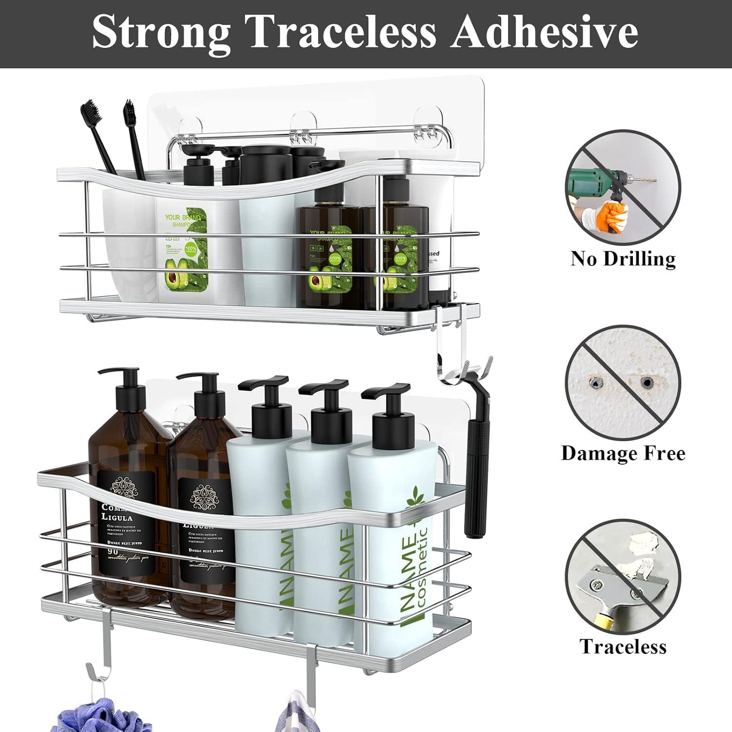 ODesign Adhesive Shower Caddy Basket Shelf with 4 Hooks for Shampoo Conditioner Sponge Razor Soap Dish Holder Kitchen Bathroom Organizer No Drilling Wall Mounted Stainless Steel Rustproof - 3 Pac