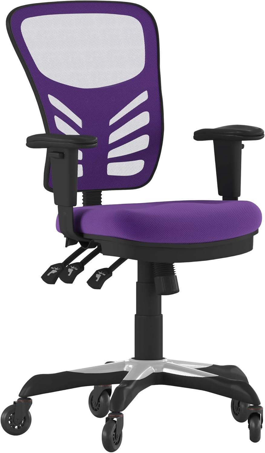Flash Furniture Nicholas Mid-Back Purple Mesh Multifunction Executive Swivel Ergonomic Office Chair with Adjustable Arms and Transparent Roller Wheels