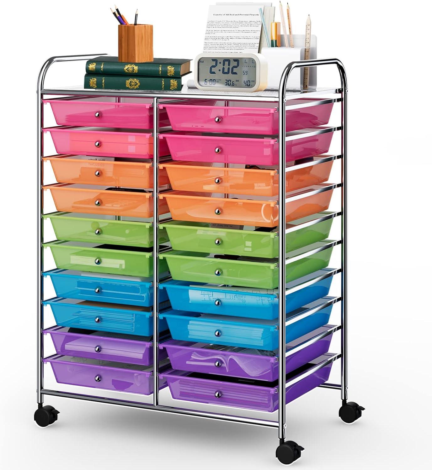 20-Drawer Organizer Cart Tools, Mobile Utility Storage Cart with Detachable Drawers & Lockable Wheels, Rolling Storage Cart with wheels for Home Office School(Multicolor)