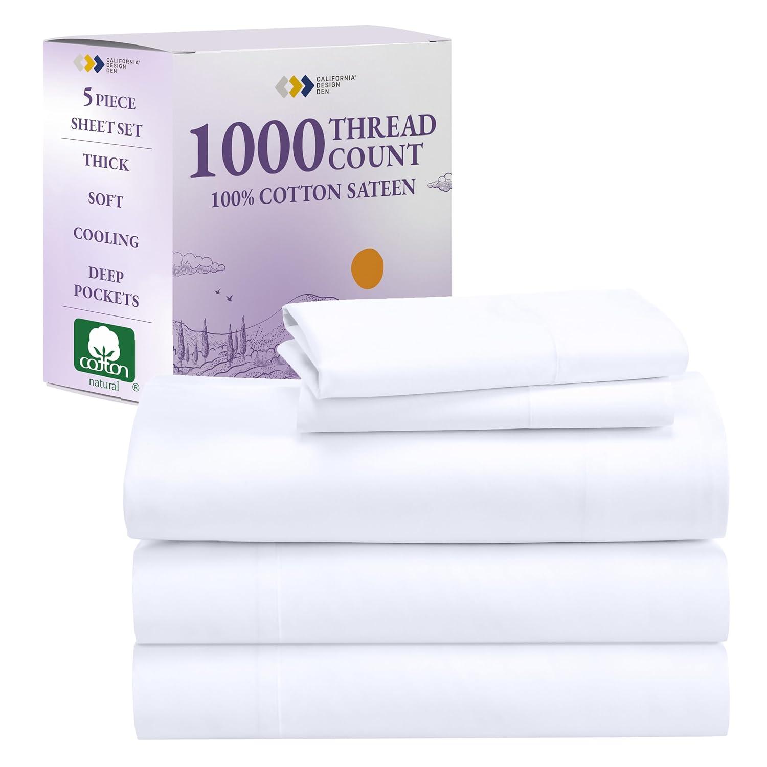 Luxury 1000 Thread Count Bed Sheets Set - 100% Cotton Sateen - Soft, Thick & Deep Pocket by California Design Den - Bright White, Split King