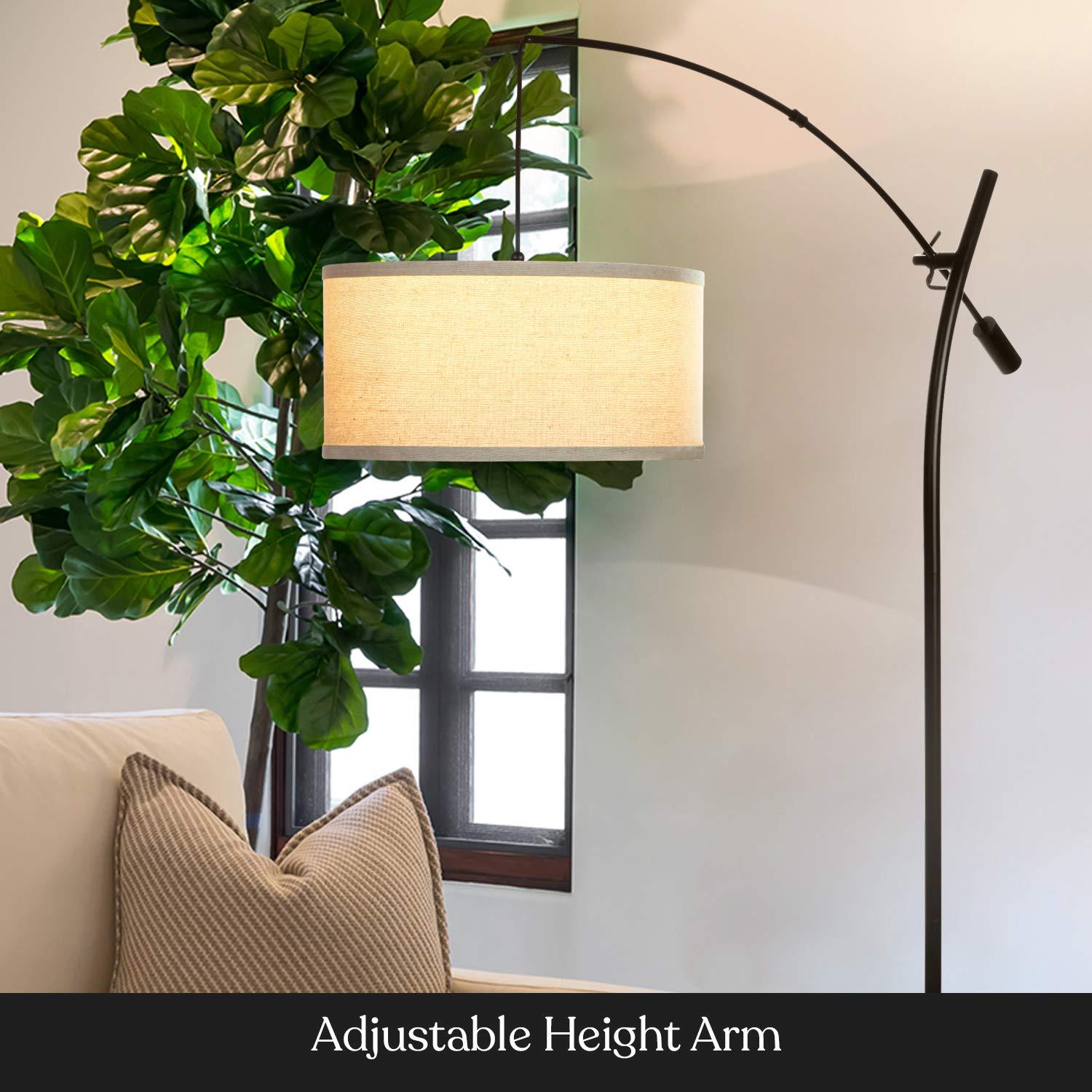 Brightech Grayson 84" Mid-Century Modern Height-Adjustable LED Arc Floor Lamp with Black Finish and Beige Cotton Fabric Drum Shade, Bulb Included