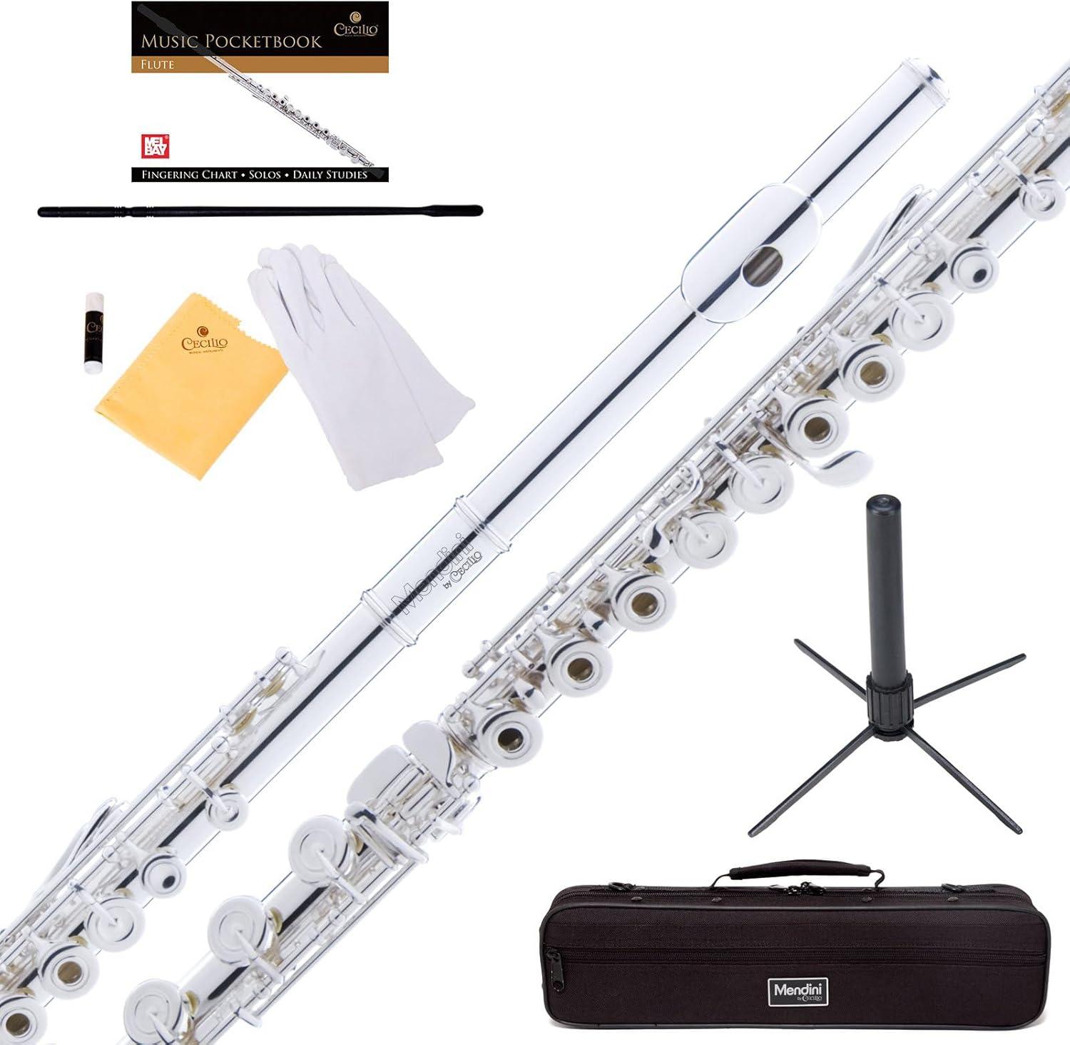 Mendini By Cecilio Flute, 16 Keys C Flute Instrument Closed Hole For Beginners with Carrying Case, Cork Grease, Stand, Lesson Book, Cleaning Kit, Gloves (Black)