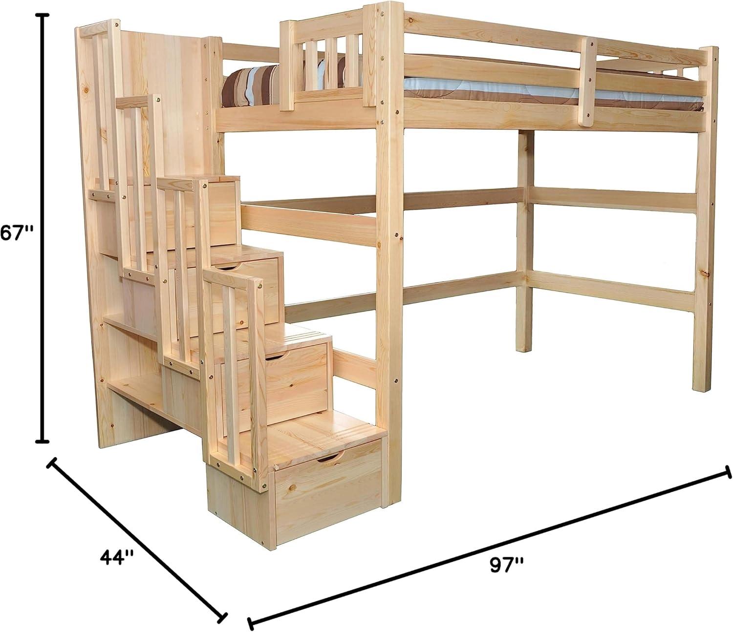 Natural Pine Twin Loft Bunk Bed with Storage Drawers