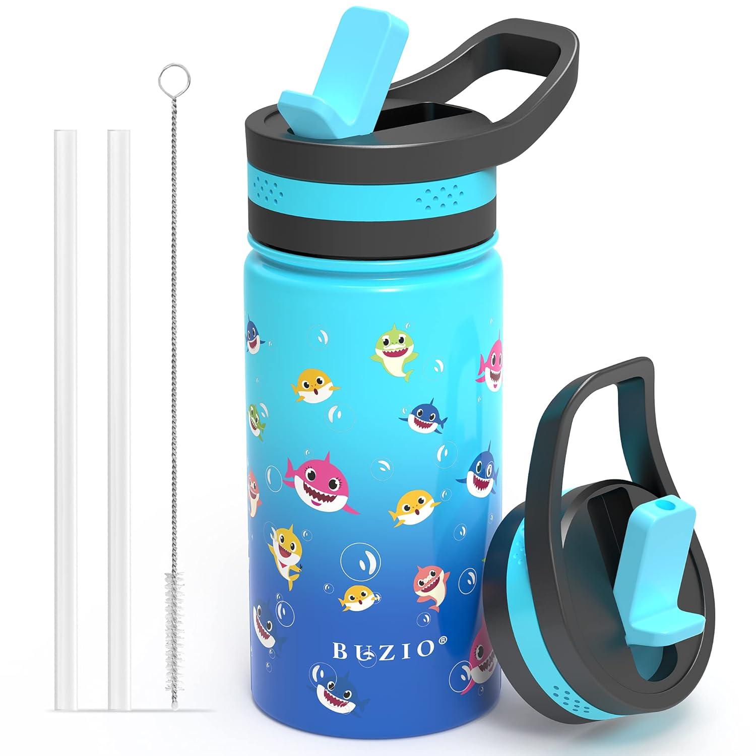 Buzio Insulated Water Bottle with Straw for Kids, 2 Lids Double Vacuum Metal Water Bottle, 14 Ounce, Blue Shark