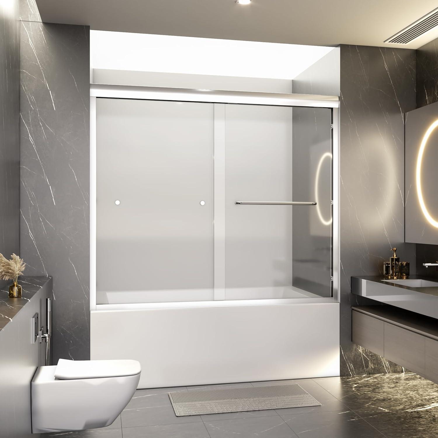 56"-60"W*58" H Semi-Frameless Double Sliding Tub Door, Bypass Bathtub Shower, 1/4" (6mm) Thick SGCC Tempered Glass Door, Chrome