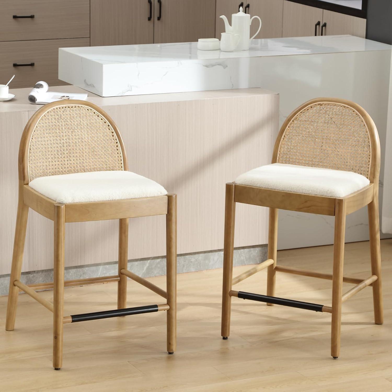 Bayou Breeze Emington Modern Bar Stools Counter Height Bar Stools with Rattan Backrests and Wood Frame (Set of 2)