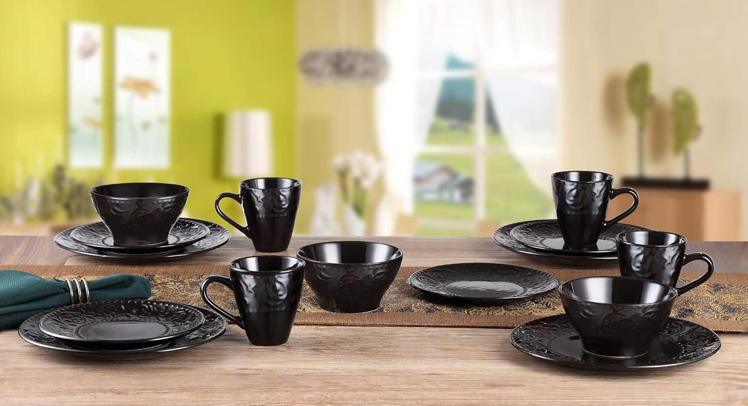 Black Embossed Ceramic 16-Piece Dinnerware Set