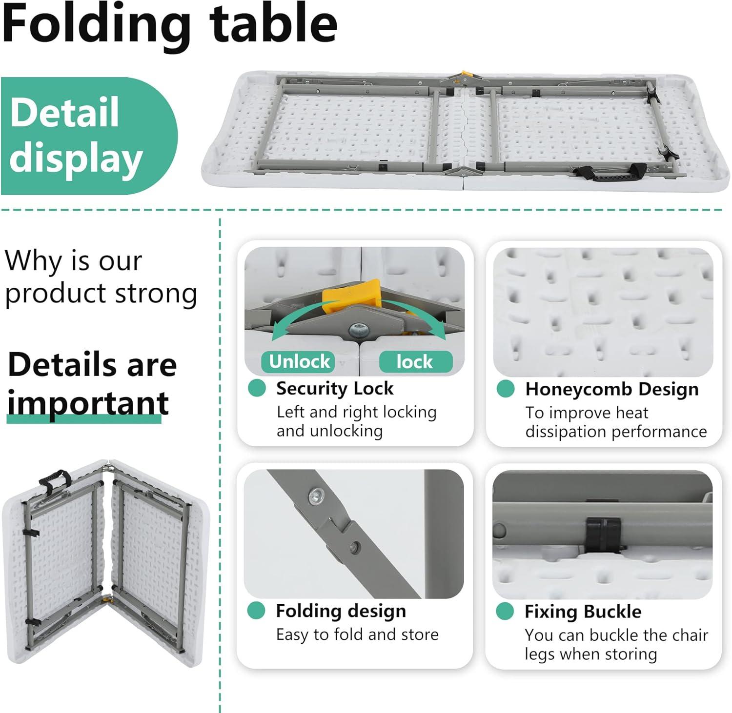 CL.HPAHKL 4 ft Folding Table with 3 Adjustable Height, Small Plastic Foldable Table with Carrying Handle, Portable Camping Table Fold in Half for Indoor Outdoor Camping, Picnic and Party, White