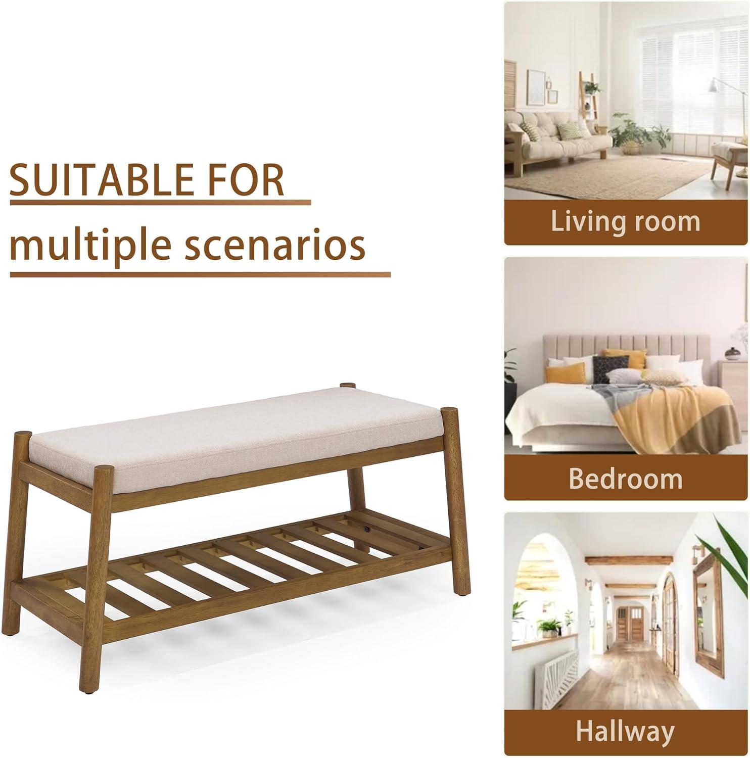 Upholstered Entryway Bench, Bedroom Bench for End of Bed, Dining Bench with Padded Seat for Kitchen, Living Room, Fabric Rubber Wood Indoor Bench (Beige)