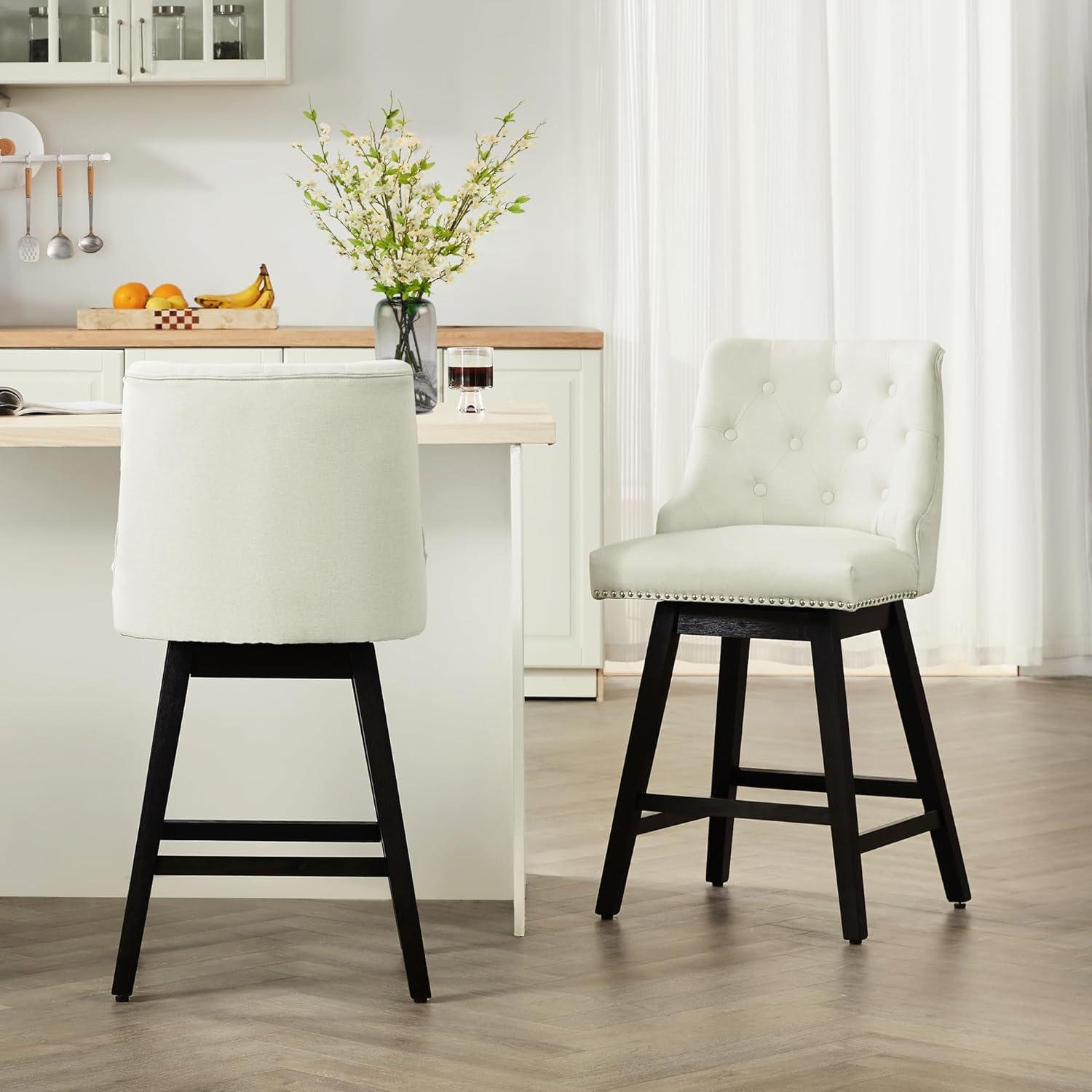 Swivel Counter Height Bar Stools with Back, 26” Upholstered Barstools Set of 2, Mid Century Morden Counter Height Chairs with Wood Legs for Kitchen Island, Home Bar, White