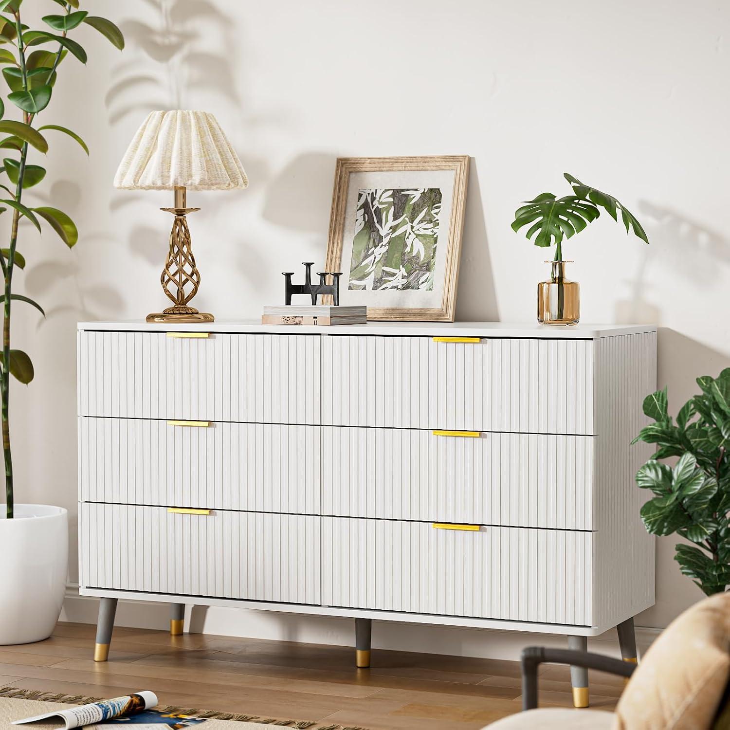 6 Drawer Dresser for Bedroom,Modern Bedroom Dresser,Fluted White and Gold Dresser with Curved Profile Design