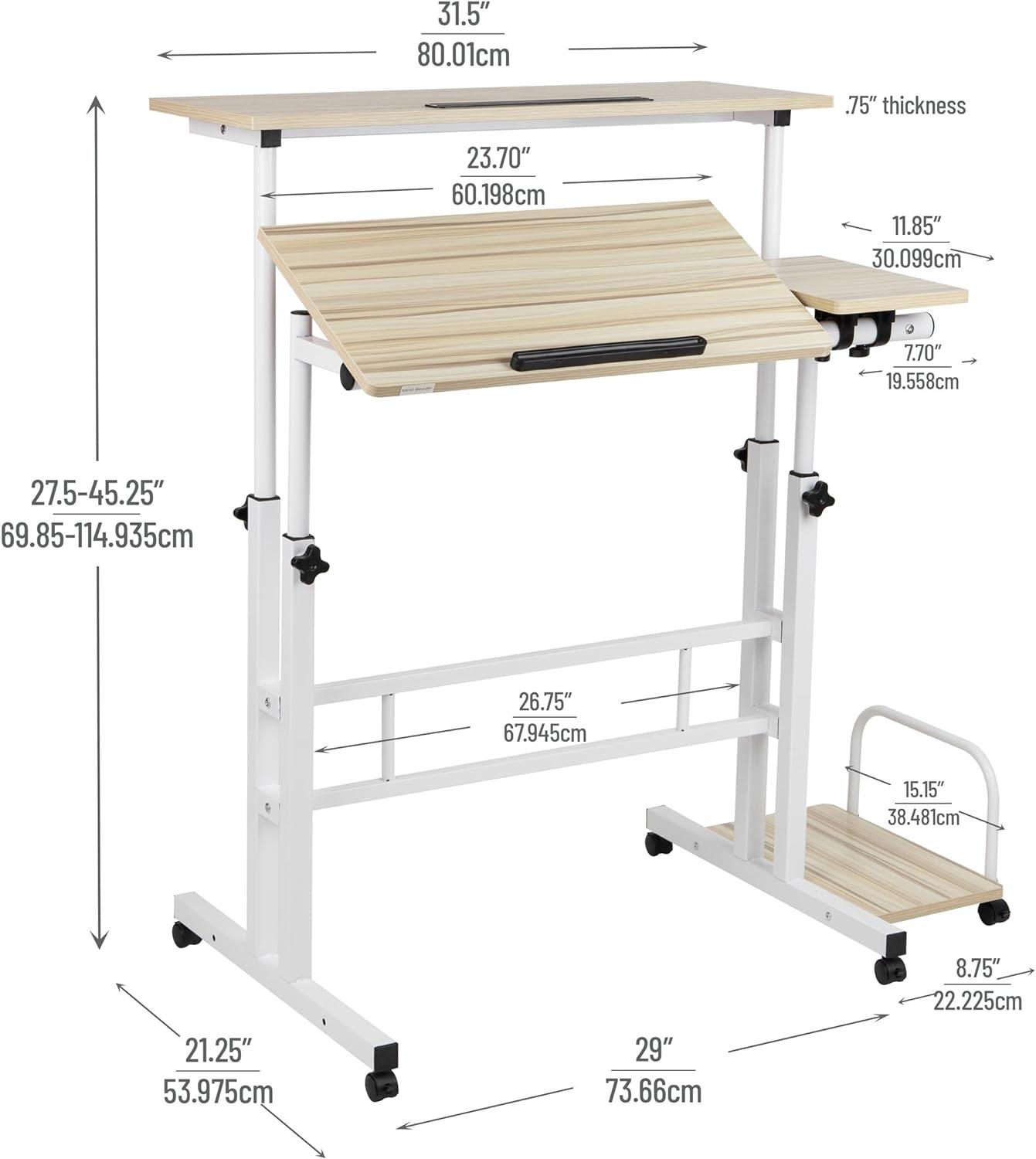 White Adjustable Height Mobile Standing Desk with Keyboard Tray