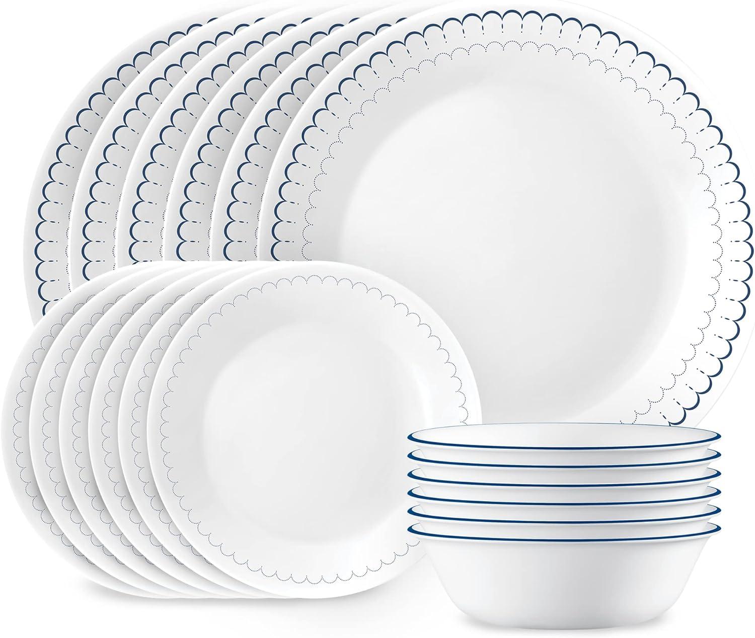 Caspian Lace 18-Piece White and Navy Glass Dinnerware Set