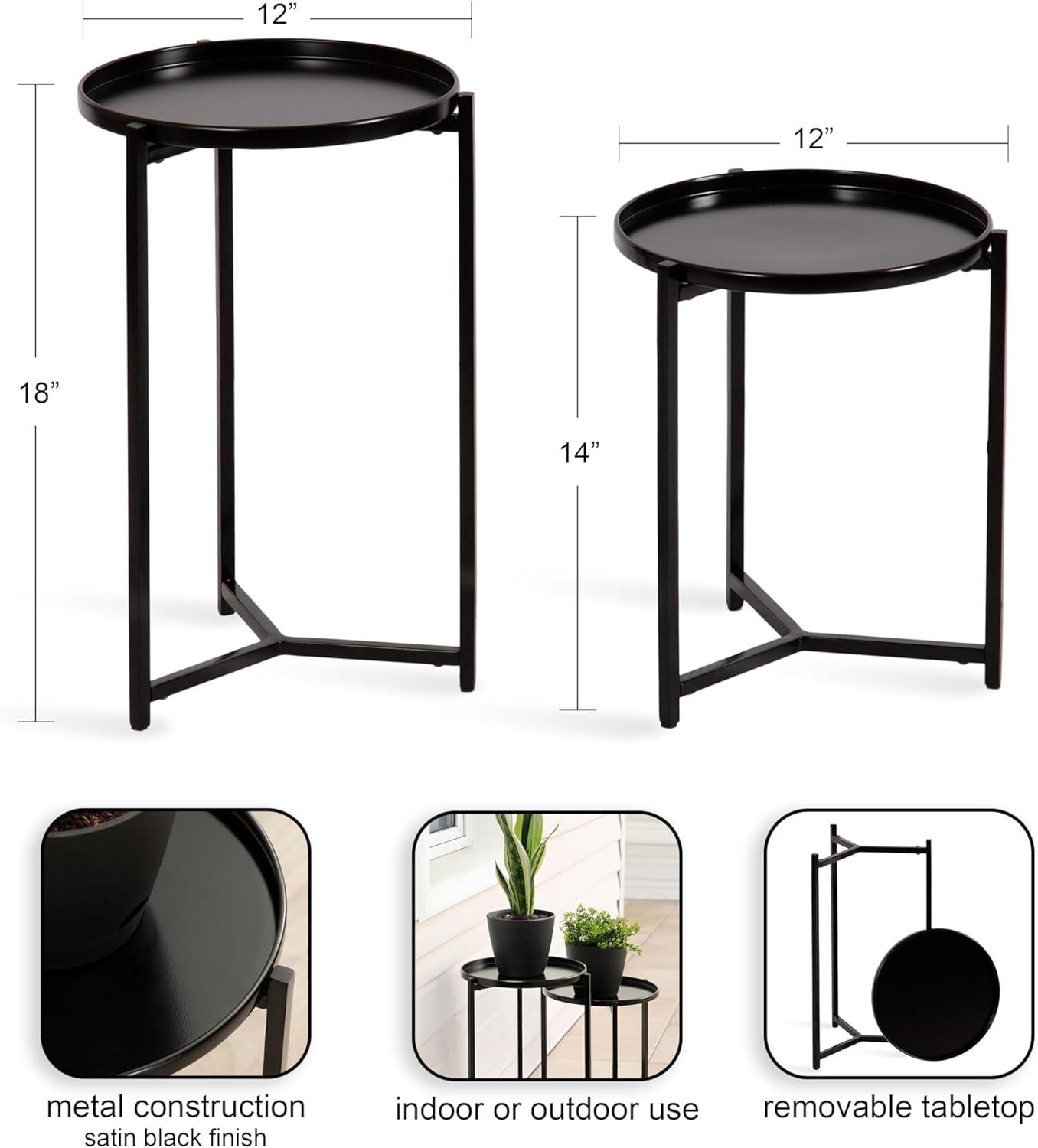 Kate and Laurel Aguilar Modern Round Plant Stand Set, Set of 2, Black, Transitional Two-Piece Accent Table Set for Use as Indoor or Outdoor Plant Risers