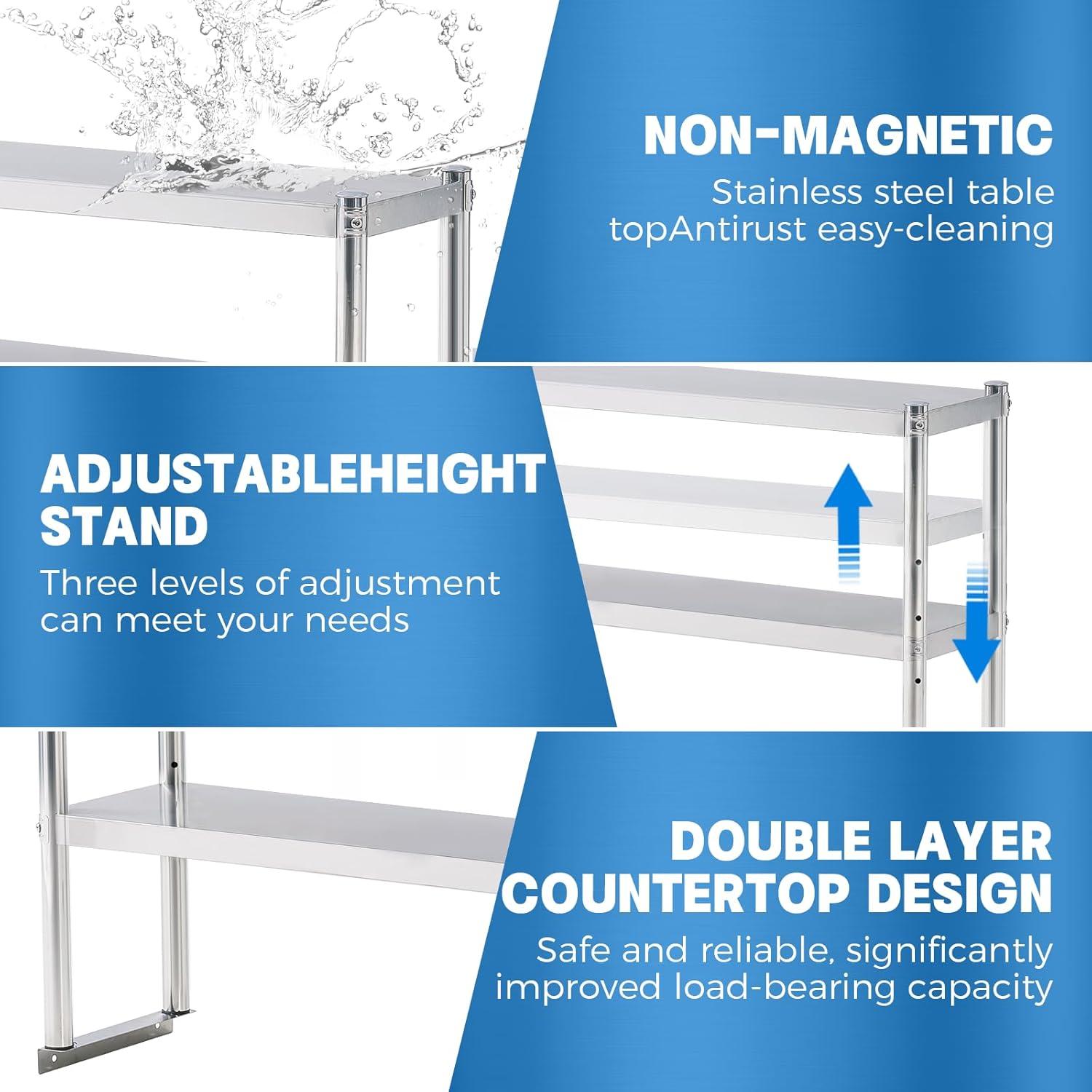 STRELECT 12"x48" Stainless Steel Overshelf for Prep & Work Table, NSF Commercial Adjustable Double Deck Overshelf 2 Tier for Restaurant, Bar, Utility Room, Kitchen and Garage