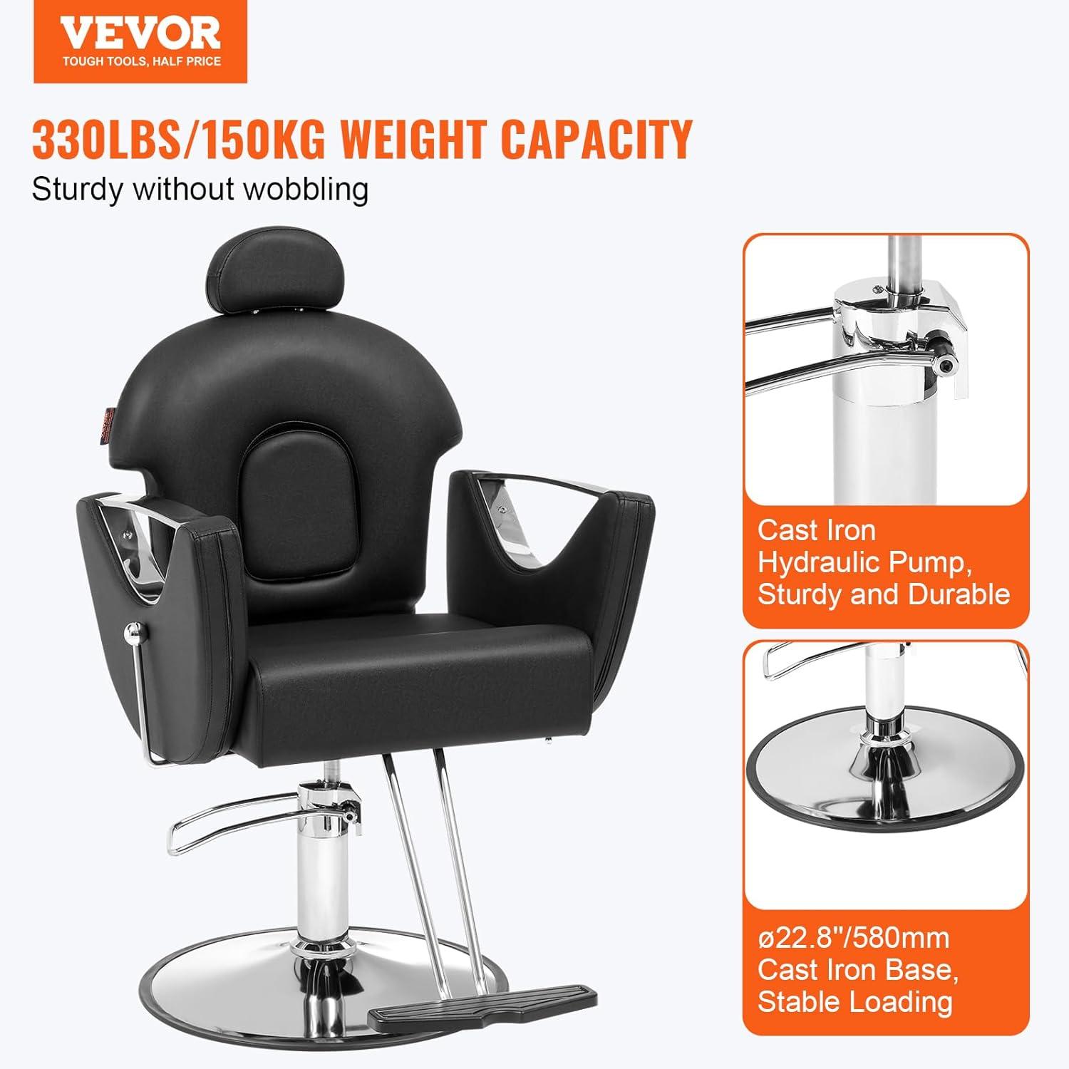 Salon Chair, Hydraulic Recliner Barber Chair for Hair Stylist, 360 Deg Swivel Reclining Salon Chair, Black - 330 lbs