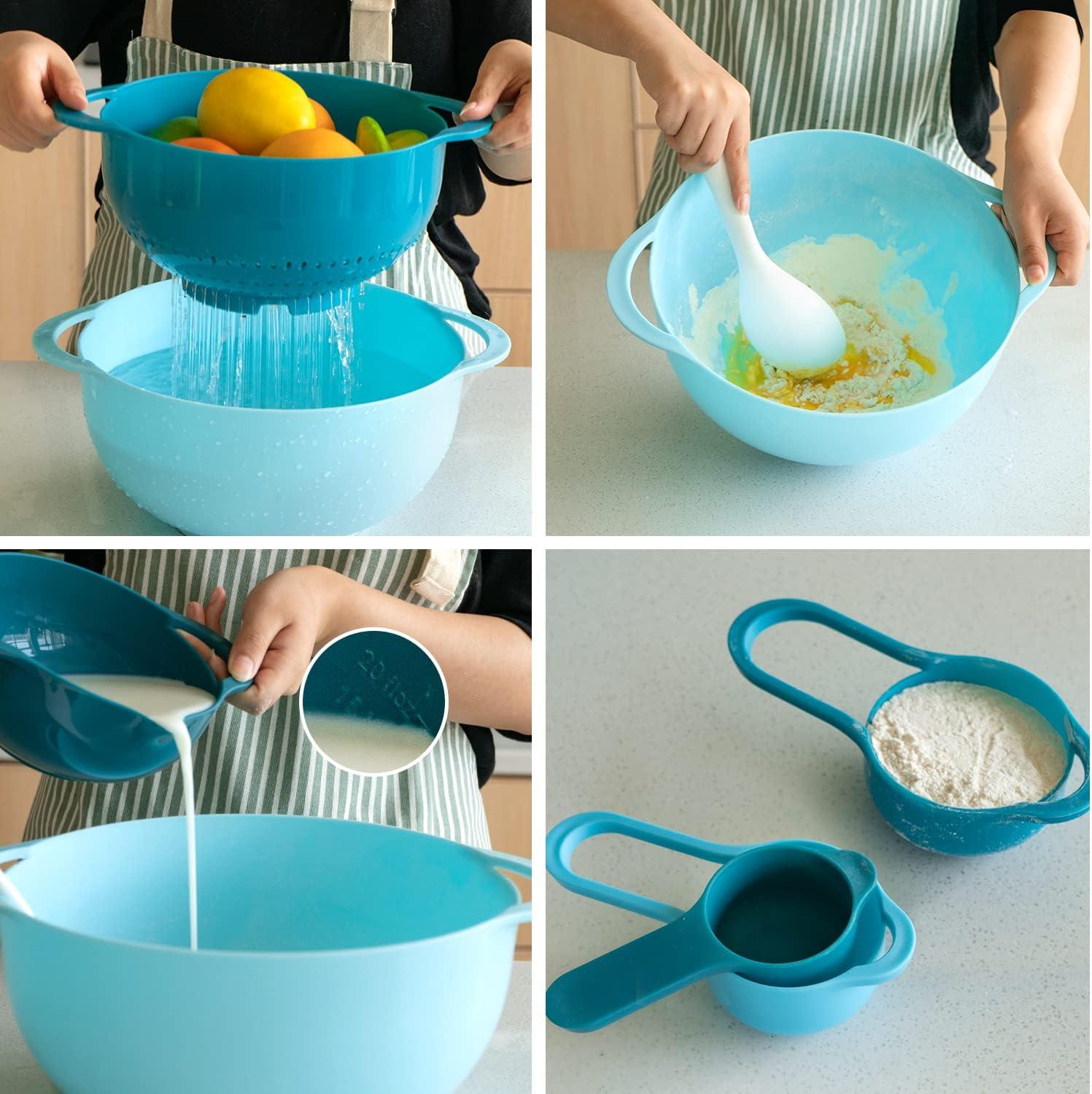 Teal Plastic Nesting Mixing Bowl Set with Measuring Cups