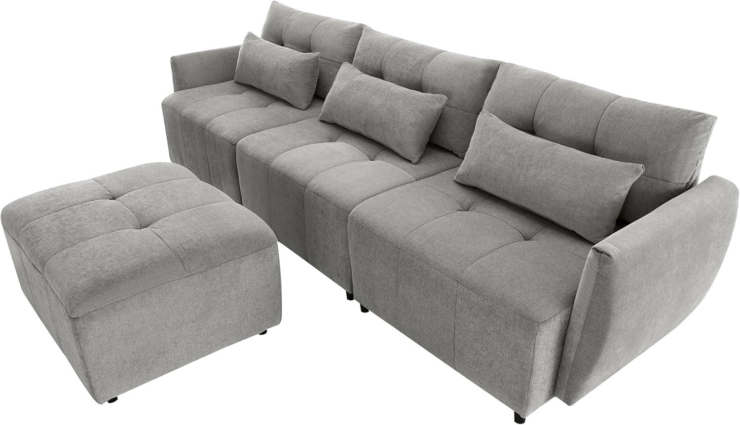 Churanty Modern Sectional Sofa 3 Seat Couch with Convertible Ottoman Chenille L shaped Couch Set with USB Port for Small Space Apartment Office,Grey