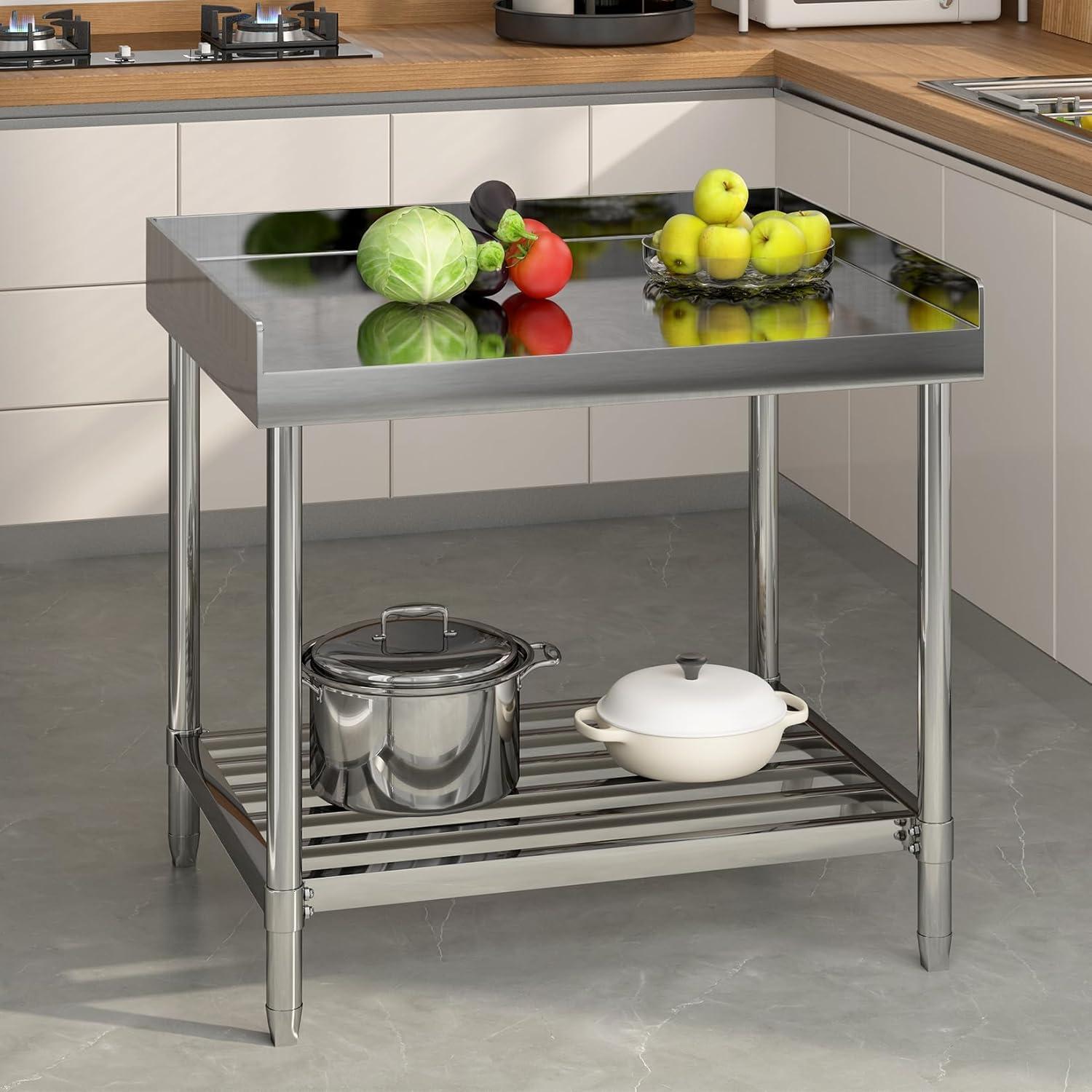 36 x 30 Inch Stainless Steel Work Table with Backsplash for Prep & Work, Heavy Duty Commercial Kitchen Island with Adjustable Undershelf for Home Restaurant