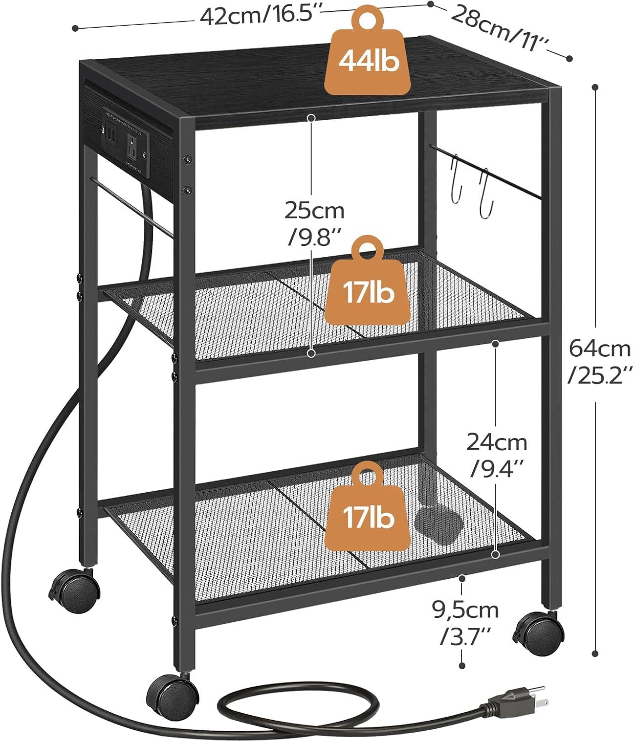 Greige and Black 3-Tier Industrial Mobile Printer Stand with Power Outlets