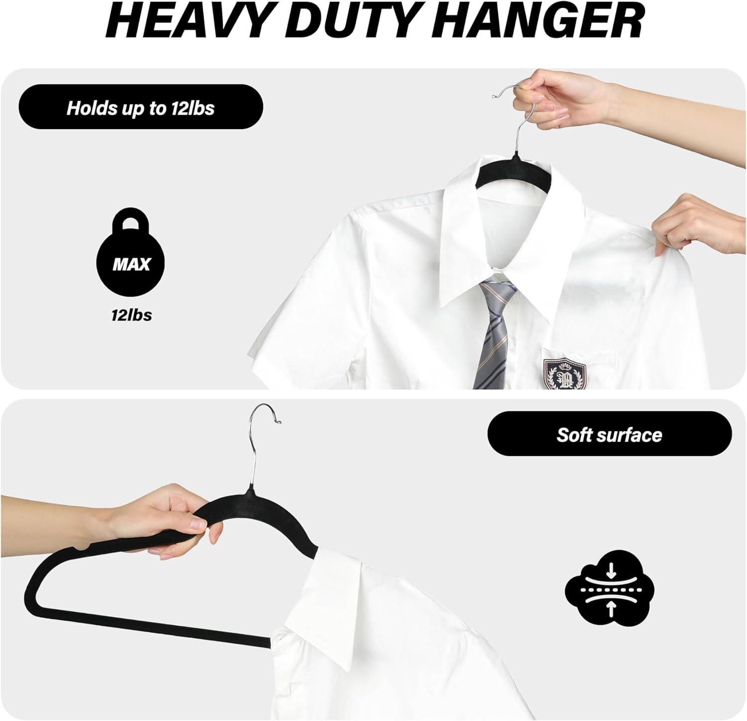Simple Deluxe 50 Pack Non-Slip Velvet Hangers, 360° Swivel Hooks, Clothes Hangers with Shoulder Notches, Heavy Duty Coat Suit Hangers for Coats & Pants, Black
