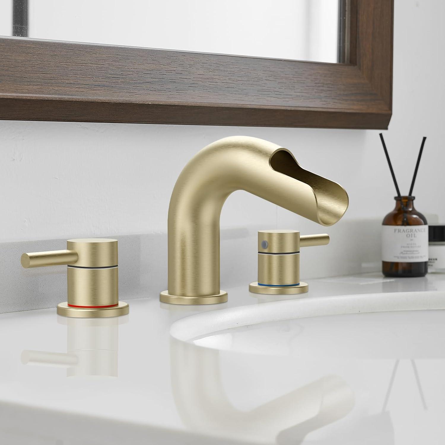Qomolangma Waterfall Bathroom Faucets 3 Holes 2 Handles - Brushed Gold Bathroom Sink Faucets Widespread with Pop Up Drain, Lavatory Mixer Tap for Bathroom Sink RV Vessel Basin