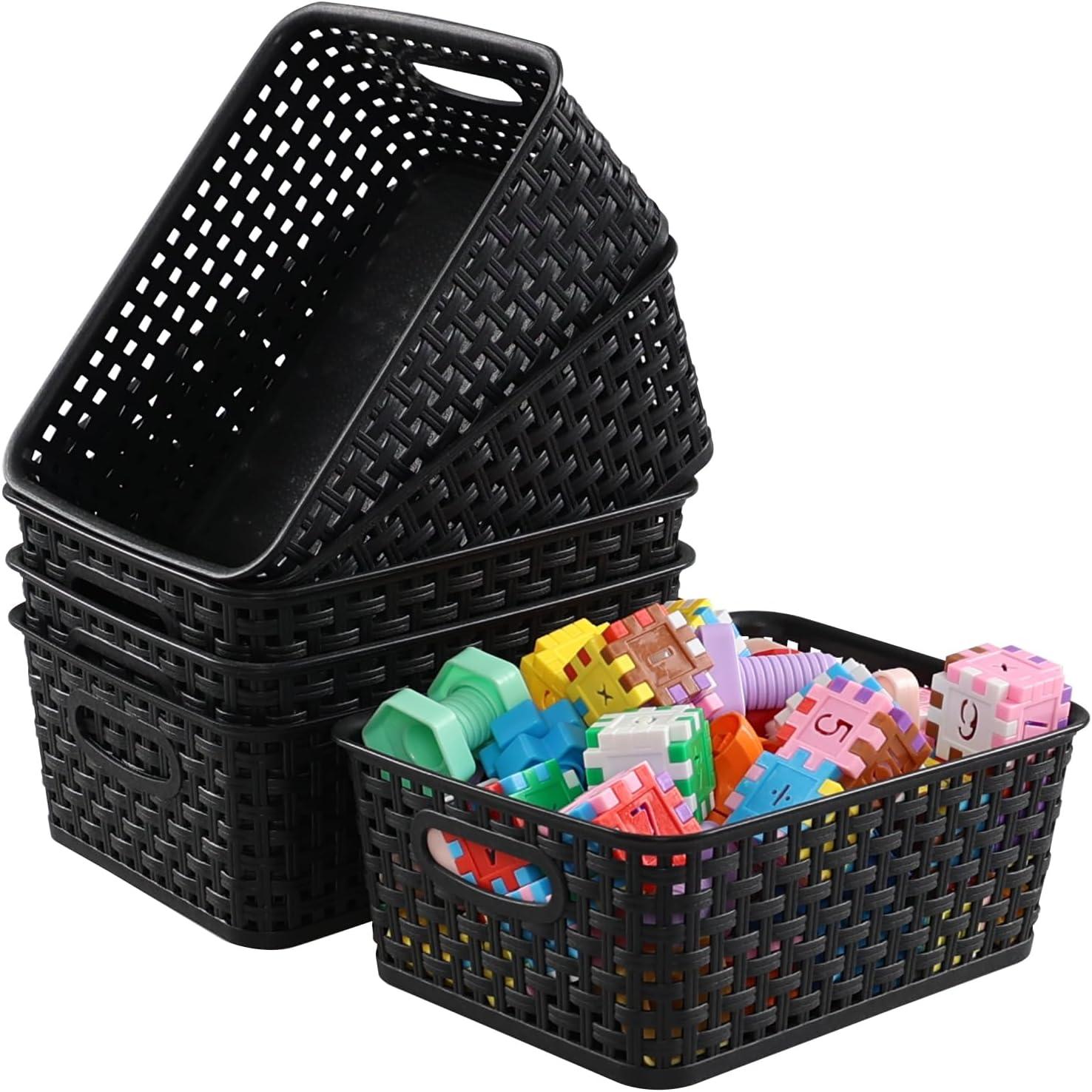 Black Rectangular Plastic Woven Storage Baskets, Set of 6