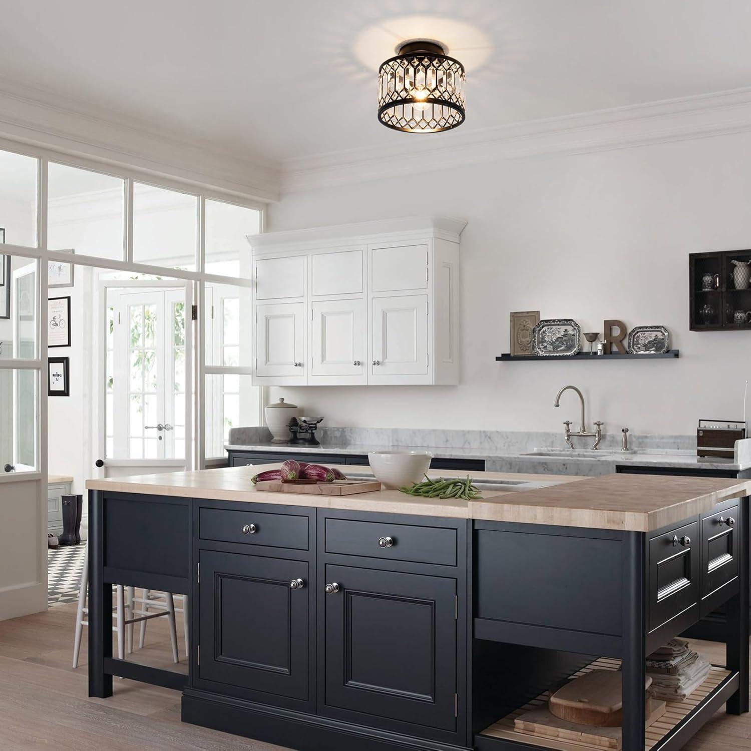 Crystal Ceiling Light Fixture, Modern Semi Flush Mount Ceiling Light,Crystal Chandelier for Kitchen Bedroom Bathroom Entryway Black (Bulb not Included)