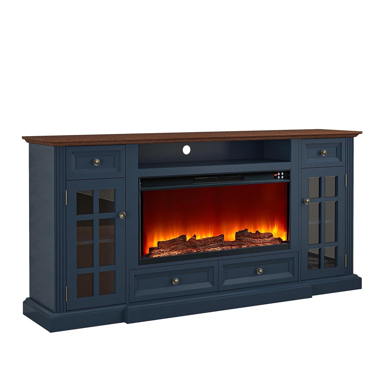 Modern TV Stand with Electric Fireplace - Fits TVs Up to 78 Inches - Navy