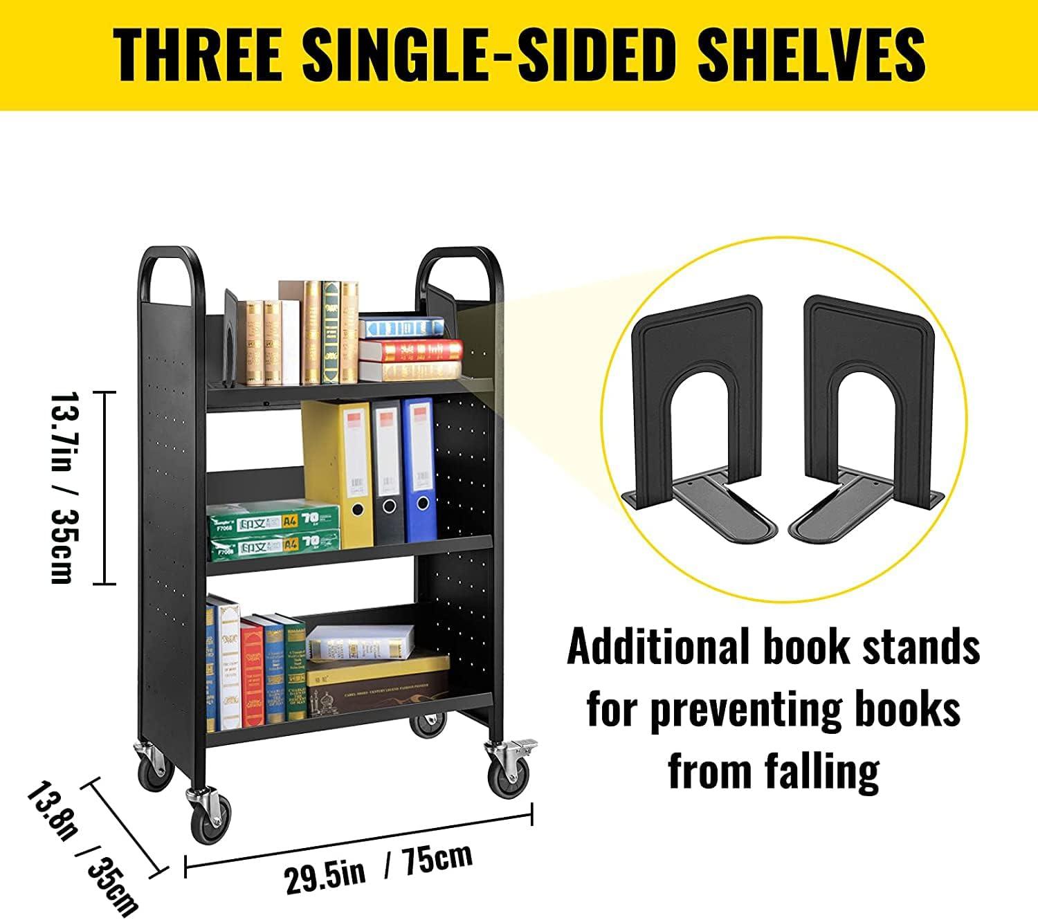 Black Steel Rolling Library Cart with V-Shaped Shelves