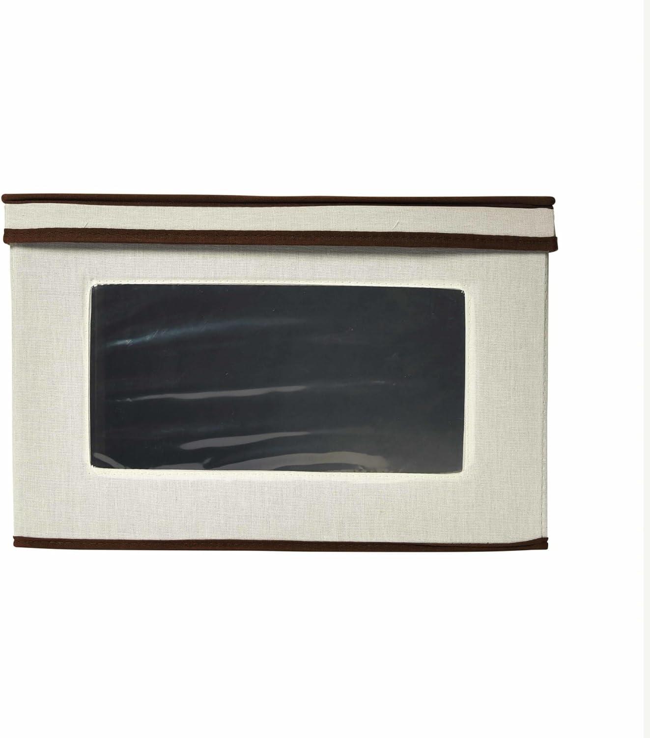 Large Serveware Storage Box, Polyester Canvas with Fiberboard Sides, 3 Protective Pouches, Fully Removable Lid, Natural with Brown Trim