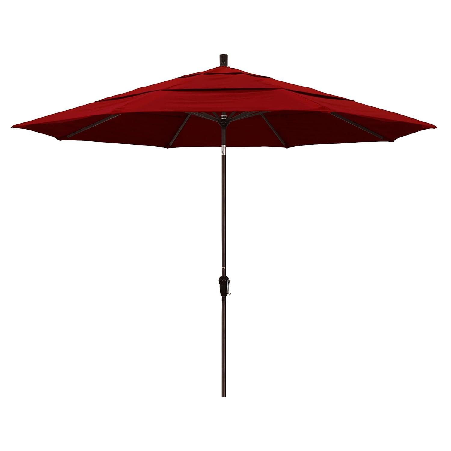 11 ft. Bronze Aluminum Market Patio Umbrella with Auto Tilt Crank Lift in Jockey Red Sunbrella