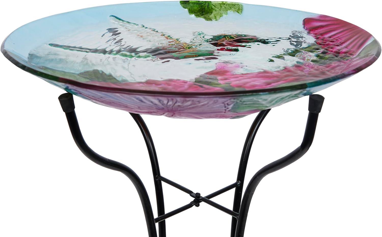 18" Multicolor Glass Birdbath with Metal Stand and Hummingbird Design