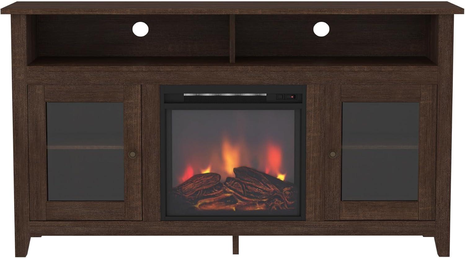 Espresso 58" Highboy Media Stand with Electric Fireplace and Cabinet