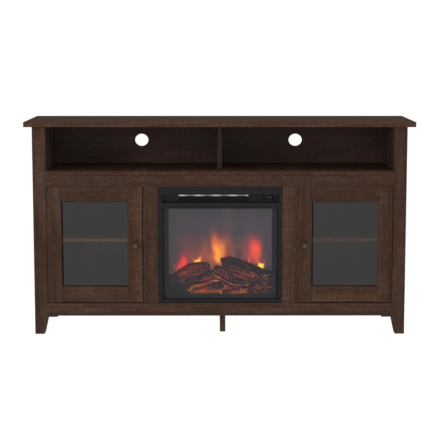 Espresso 58" Highboy Media Stand with Electric Fireplace and Cabinet