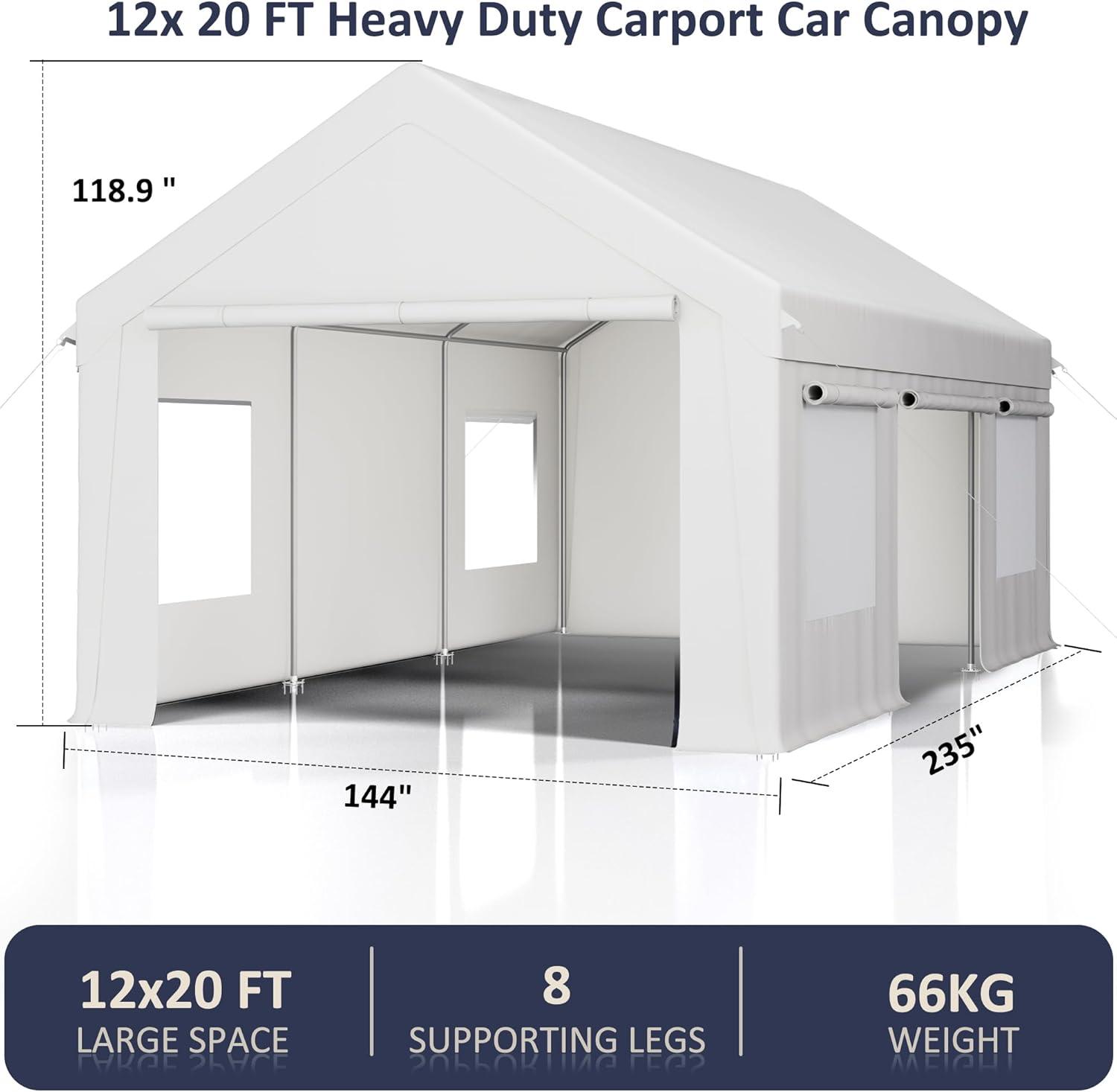 12' x 20' White Portable Metal Frame Carport with Windows