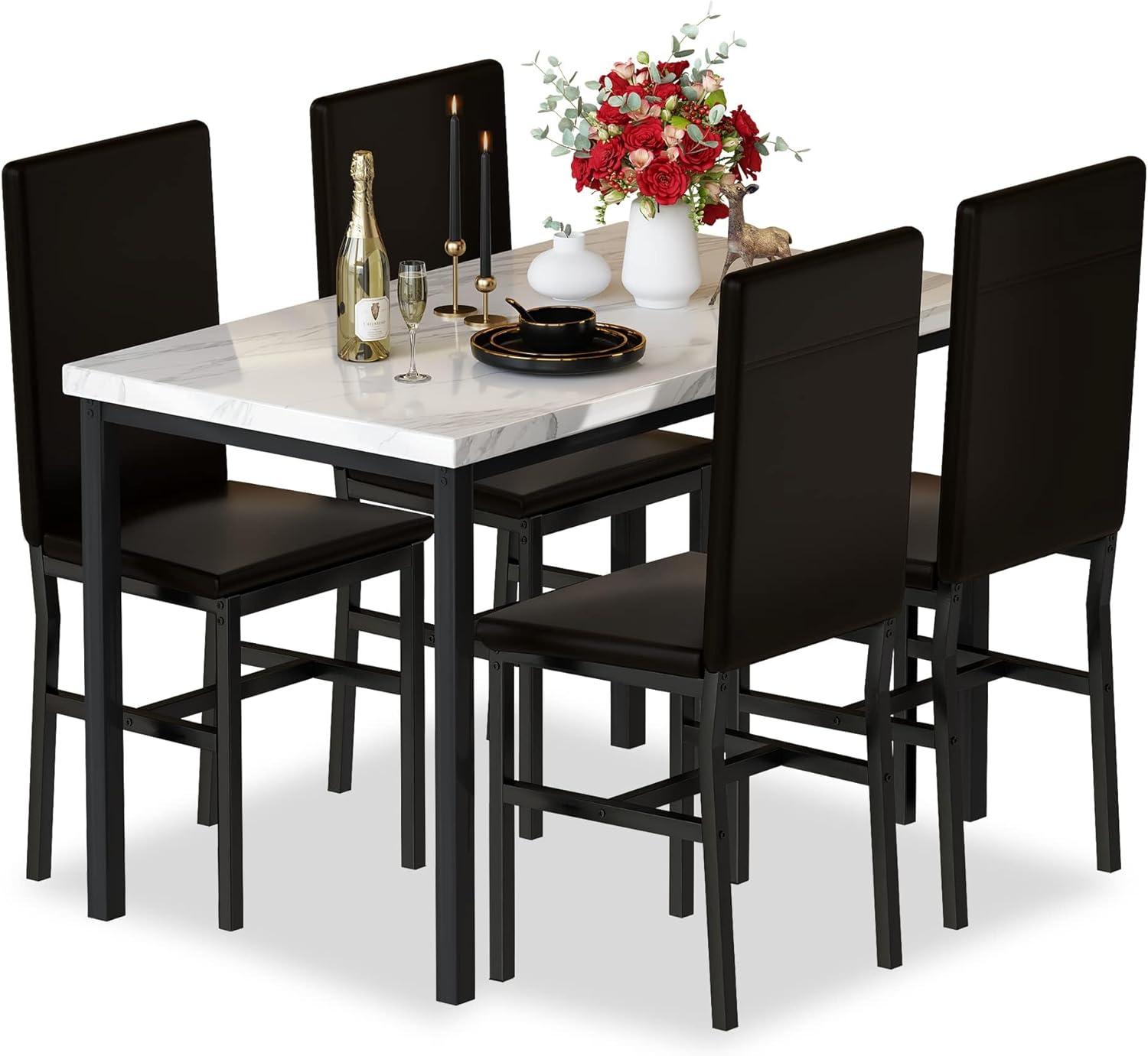 Modern Black Metal Dining Set with Faux Marble Tabletop and PU Leather Chairs