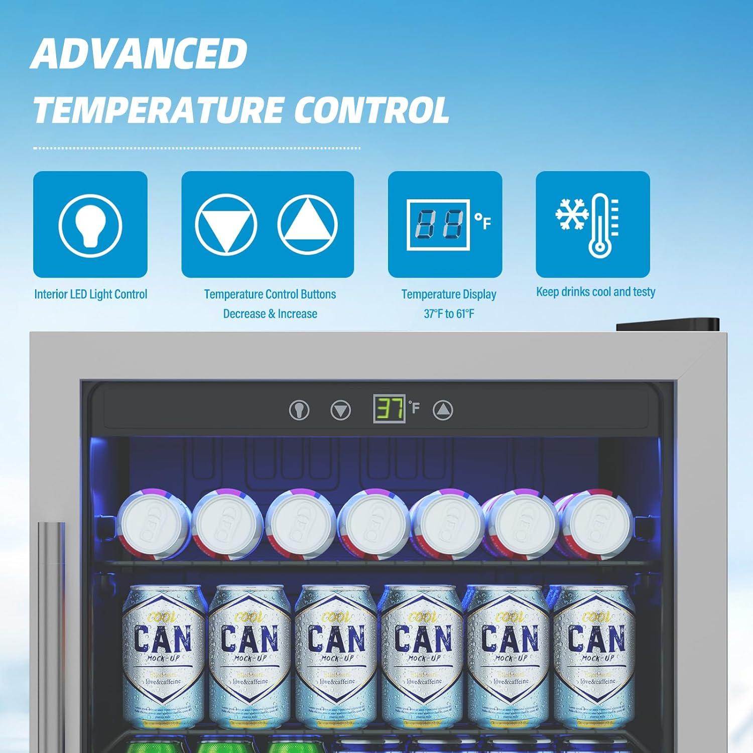 ZenZone 4.5 Cu.ft Beverage Refrigerator and Cooler, 145 Can Mini fridge with Glass Door for Soda Beer Wine, Small Drink Dispenser with Digital Adjustable Thermostat for Home Office Bar