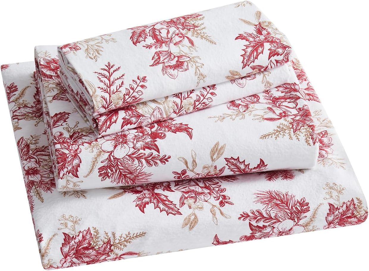 Full Red Floral Cotton Flannel Sheet Set